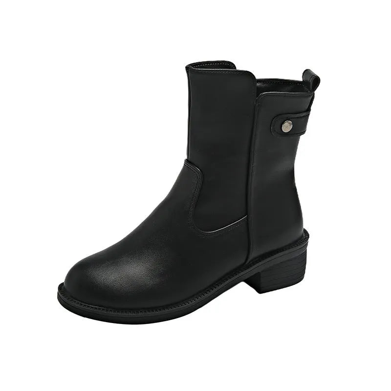 Black women's side zip boots with round toe and low rubber heel