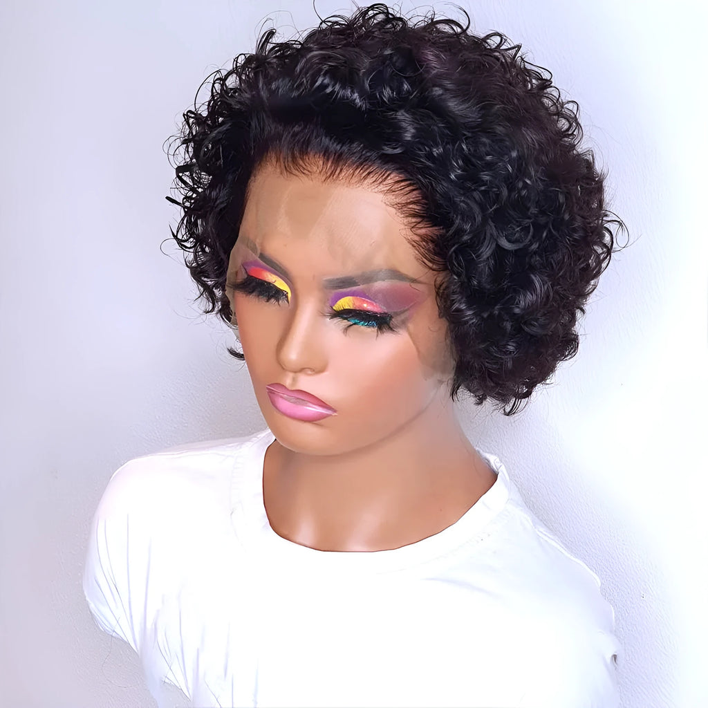 Black human hair wig with lace cover in 13x1 colour, natural pixie cut style