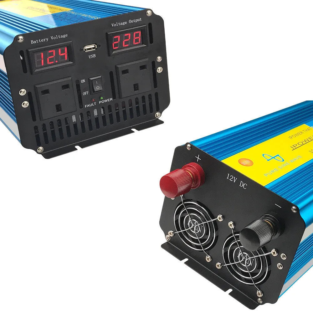 Blue 3000W pure sine wave car power inverter with digital display and UK socket.
