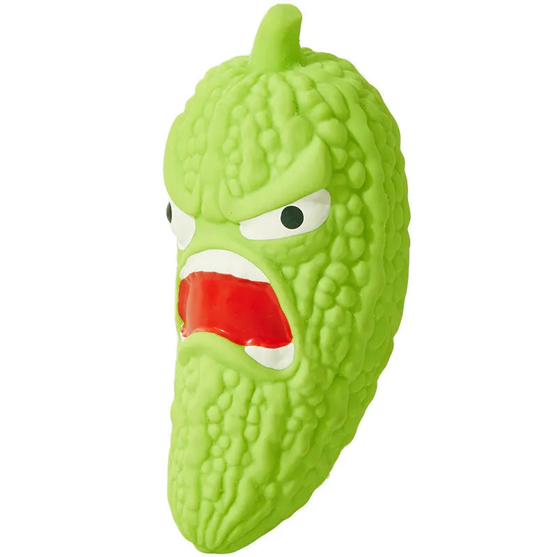 Dog chew toy shaped like bitter melon or chili with textured cleaning ridges and sound activation feature
