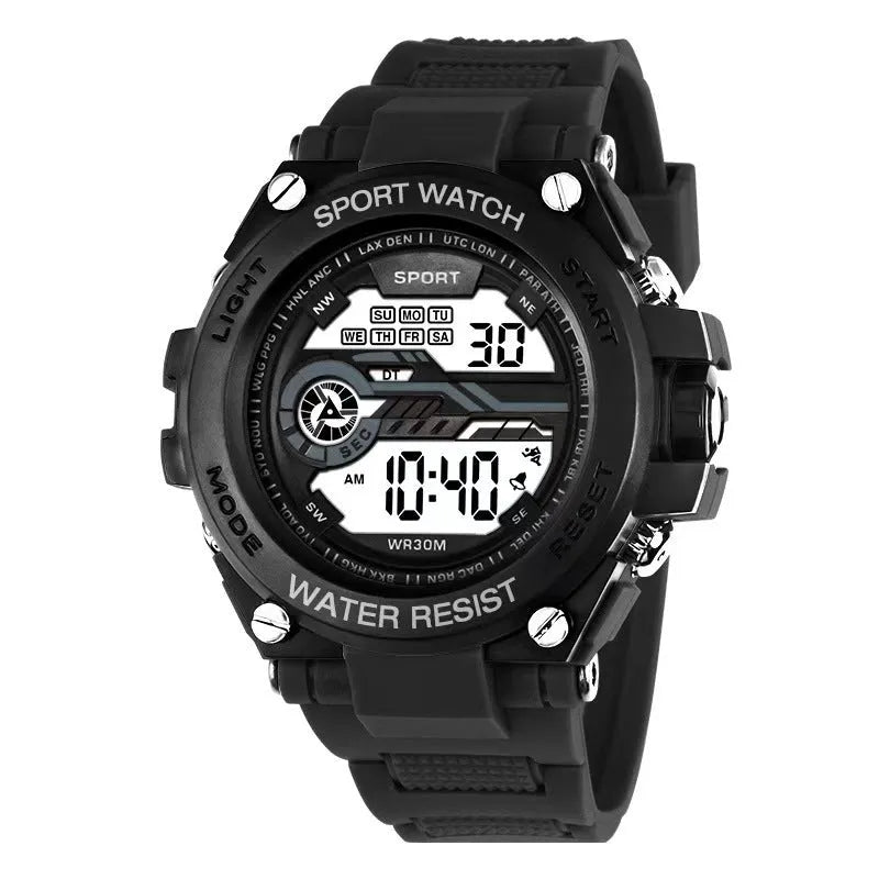 Digital electronic watch with a silicone strap shown in multiple colour options for teenagers and students.