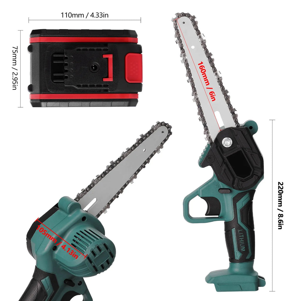 Black and green mini electric chainsaw with 4-inch bar held in one hand.