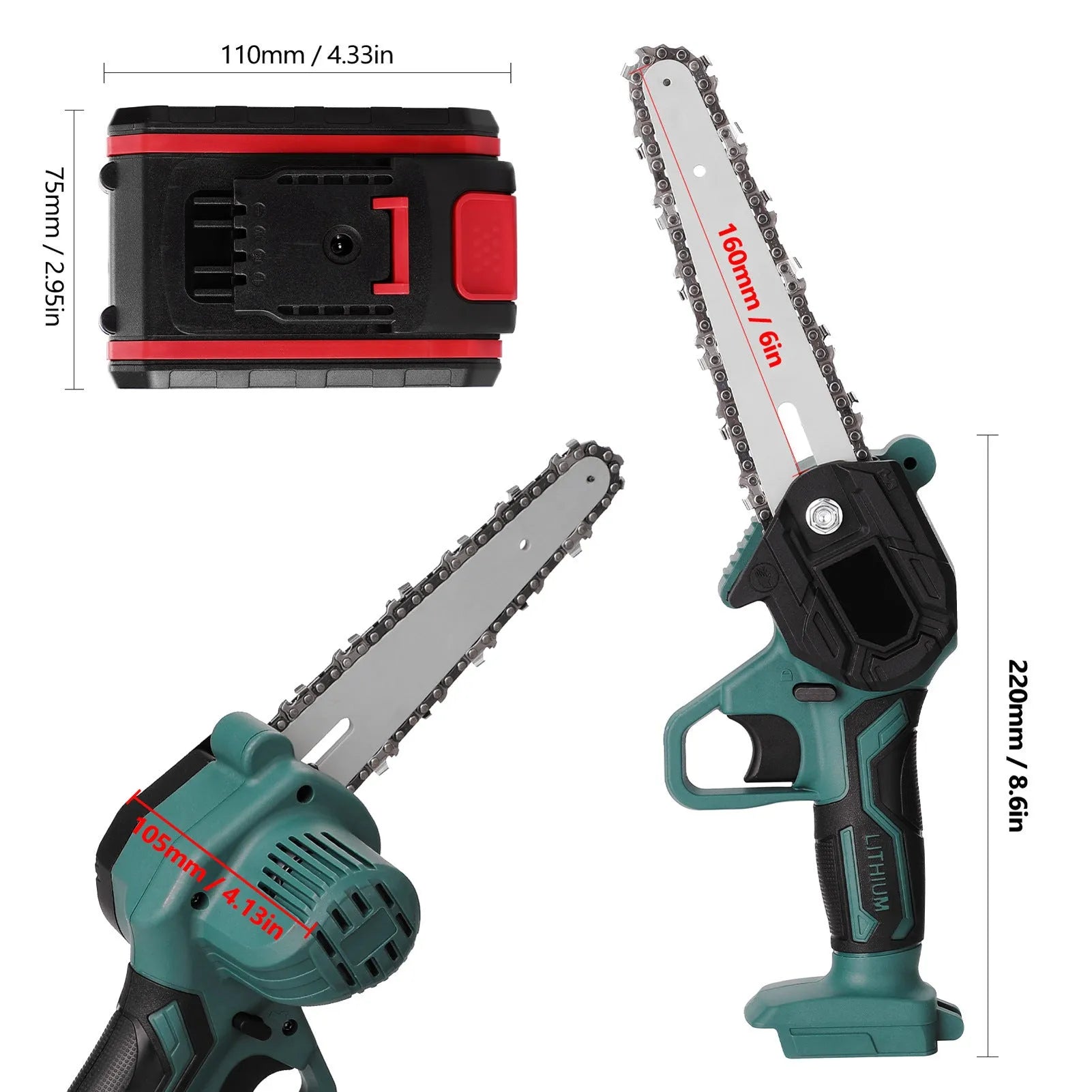 Black and green mini electric chainsaw with 4-inch bar held in one hand.