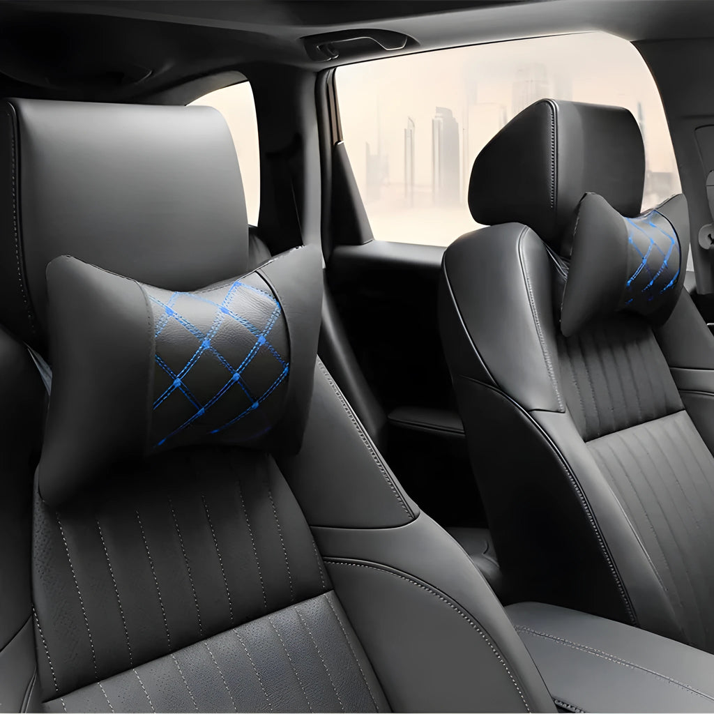 Black quilted artificial leather car headrest pillow with coloured diamond stitching for neck support.