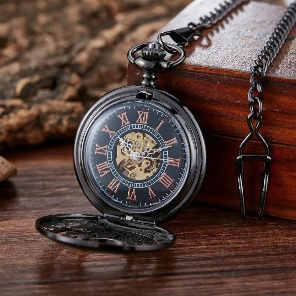 Retro mechanical pocket watch with hollow floral dial and transparent case back in alloy.
