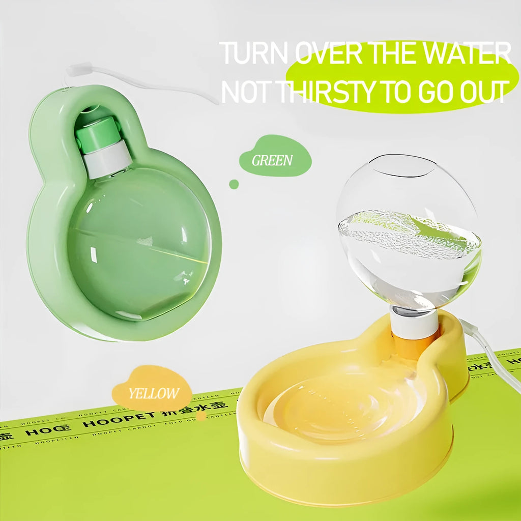 Green dog travel water bottle with built-in silicone drinking bowl, shown with bowl extended.