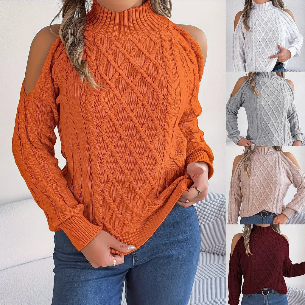 Women's twisted pattern acrylic sweater with lantern sleeves and strapless half-high collar in grey colour