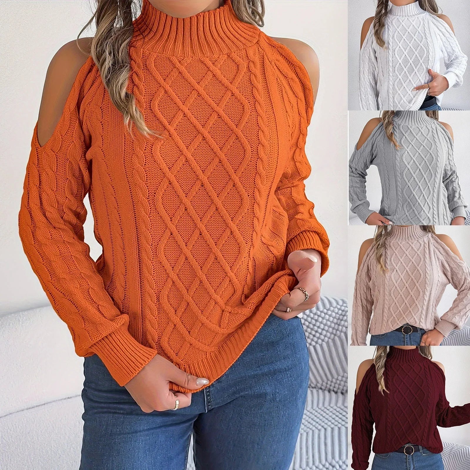 Women's twisted pattern acrylic sweater with lantern sleeves and strapless half-high collar in grey colour