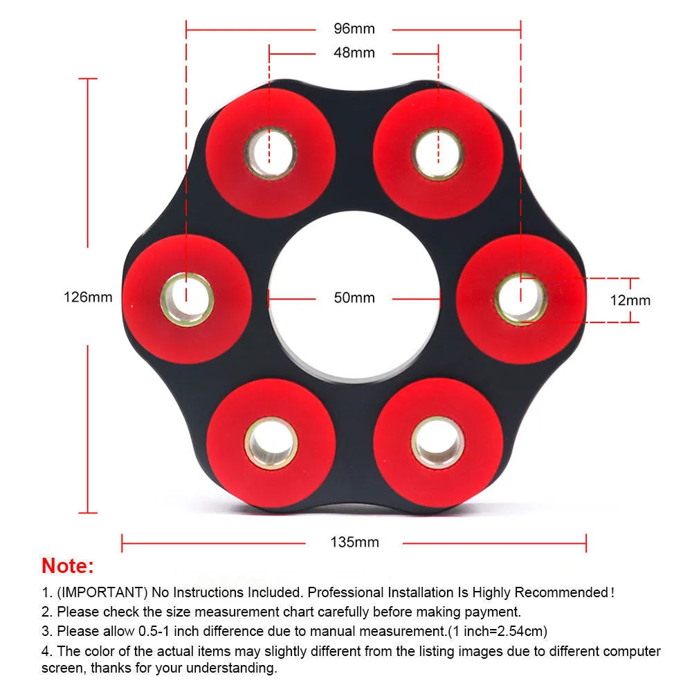 Red polyurethane and aluminium drive shaft centre support bracket for BMW E46, E36, E30, and E28 models.