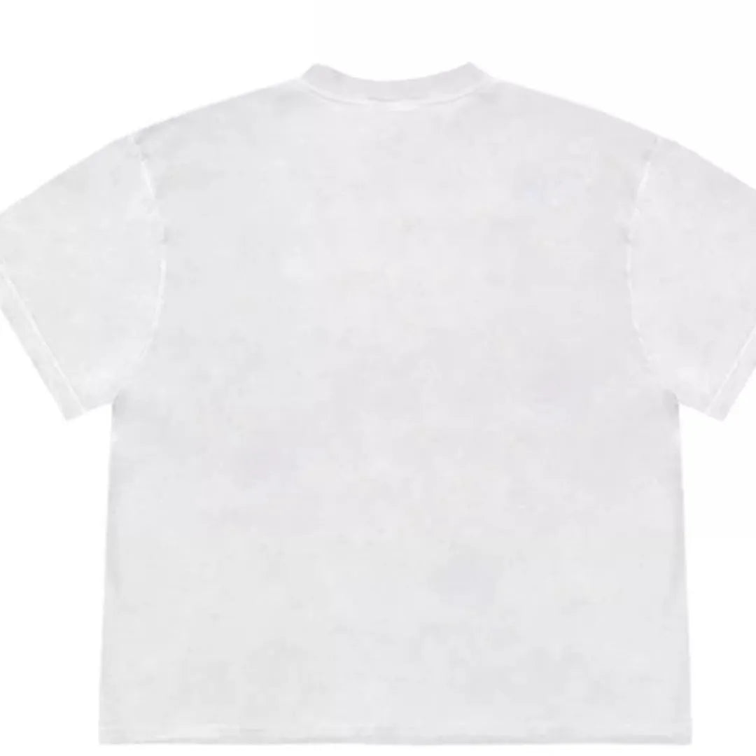 Loose fit blueberry fruit patchwork print short sleeve T-shirt on a hanger