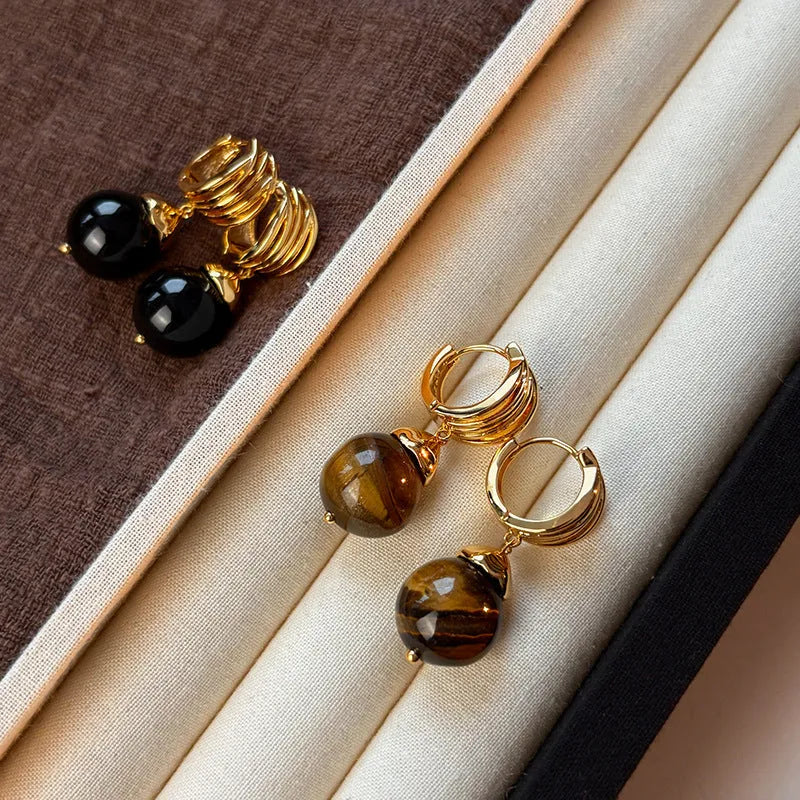 Geometric tigereye earrings with gold plating in brown and black French retro styles