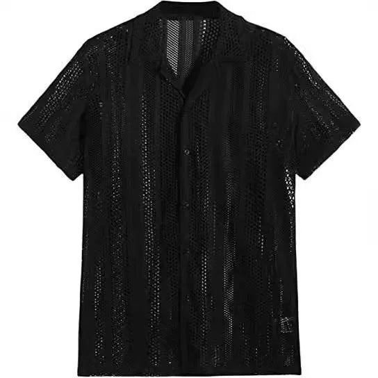 Man wearing a black knitted short-sleeved button shirt with a jacquard pattern, cardigan style.