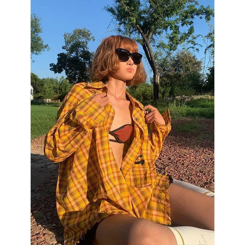 Dopamine yellow plaid shirt loose fit cardigan style chemical fibre blend casual wear