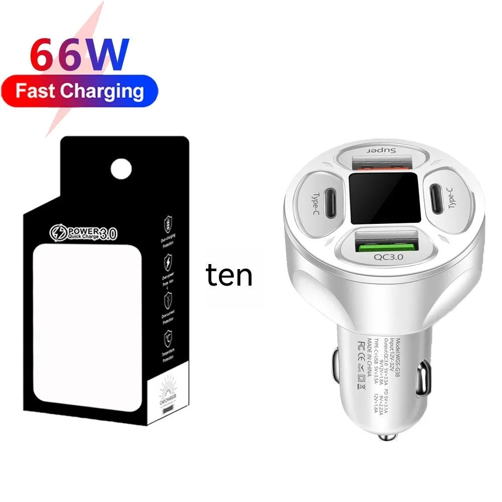 Black 66W digital display car charger with two USB ports and two Type-C ports.