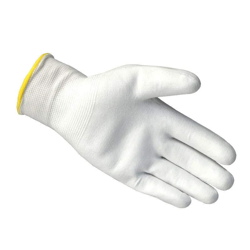 White PU coated labour gloves showing wear-resistant palm and breathable back, sizes M and L.