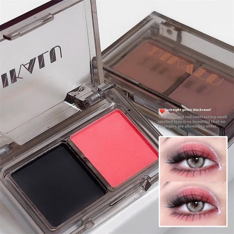 Two-tone eye shadow cosmetic plate showing matte and shimmer sections in pink and black colour combination