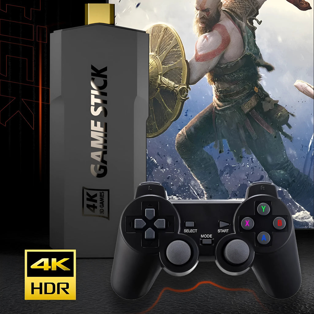 Wireless open source game console with handle on a table next to an HD television.