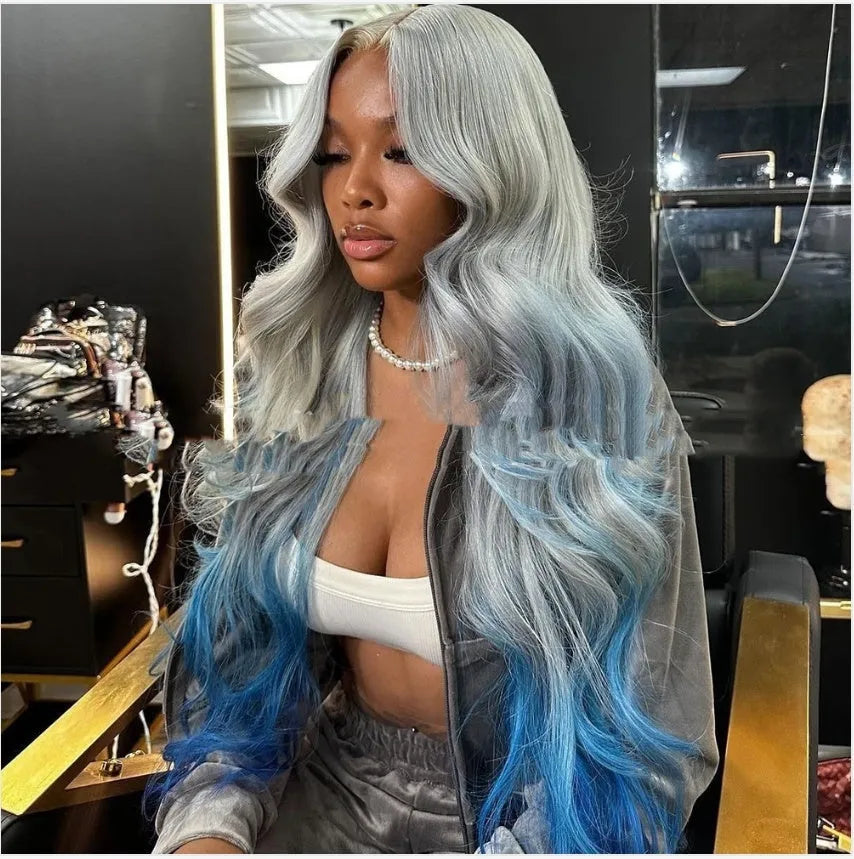 Grey to blue gradient colour human hair wig in Ruili style on a model.