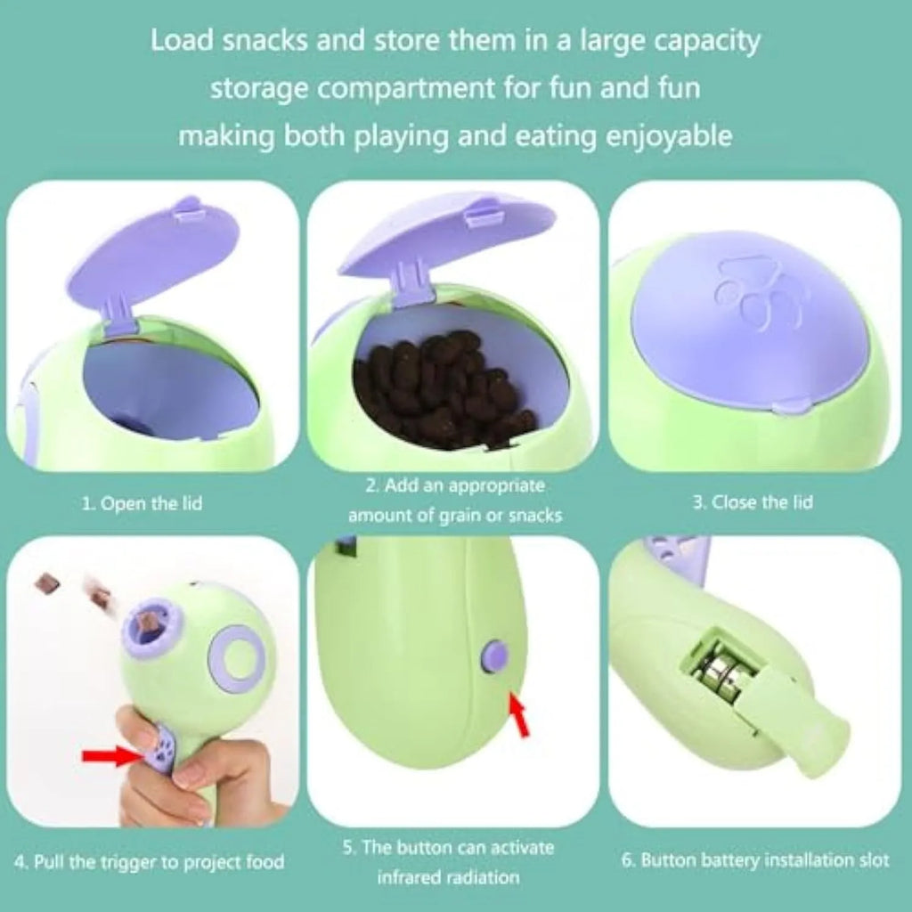 Green, orange, and pink dog treat launcher toy for remote feeding
