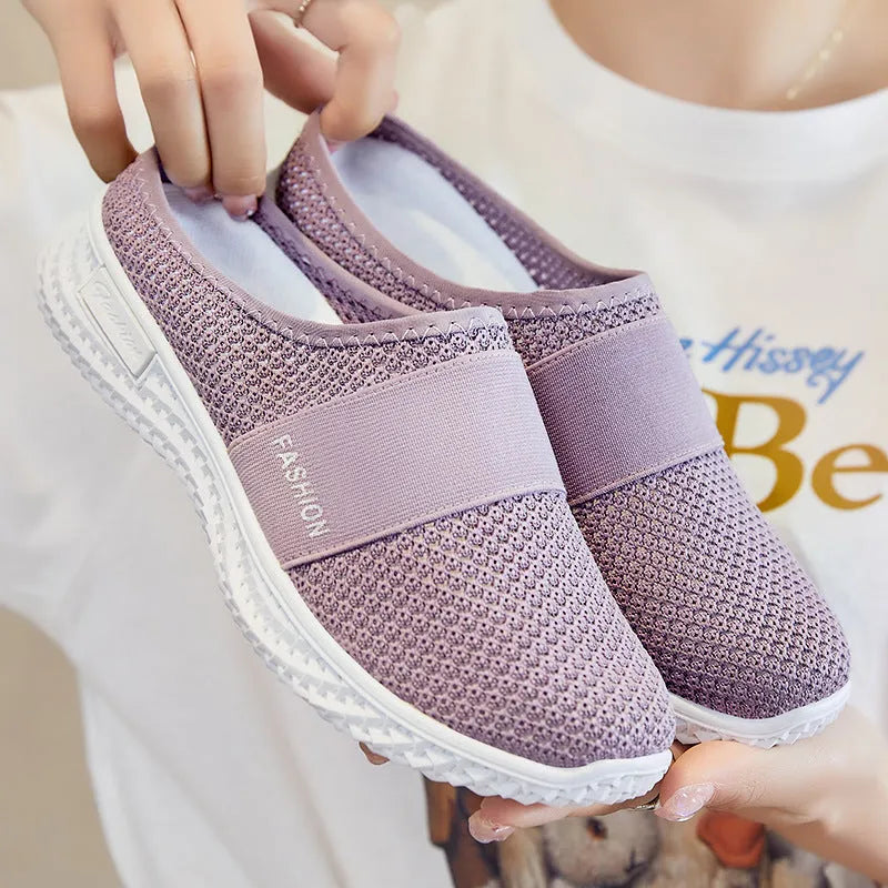 Women's flat-heel casual shoes in mesh with a hollow out design, shown in multiple colours.