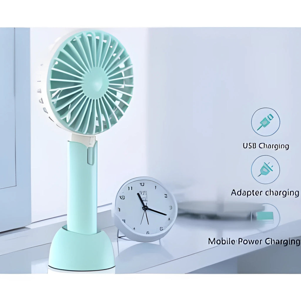 Blue handheld mini silent desktop USB electric fan with oscillating head on a desk