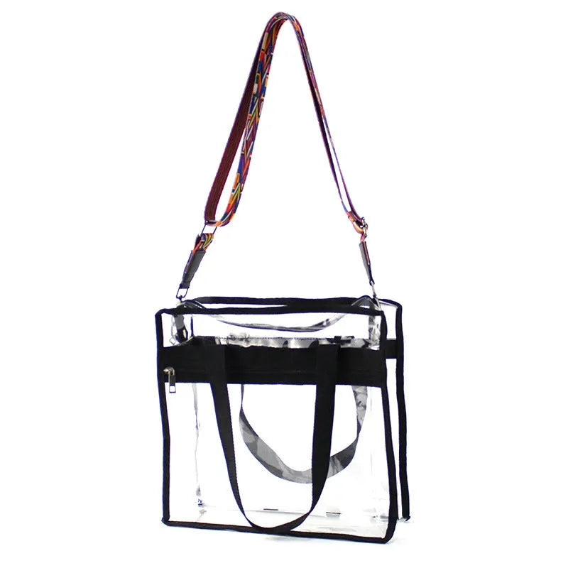 Transparent PVC women's messenger bag with crossbody straps showing seven colour options including navy blue, black, red and white