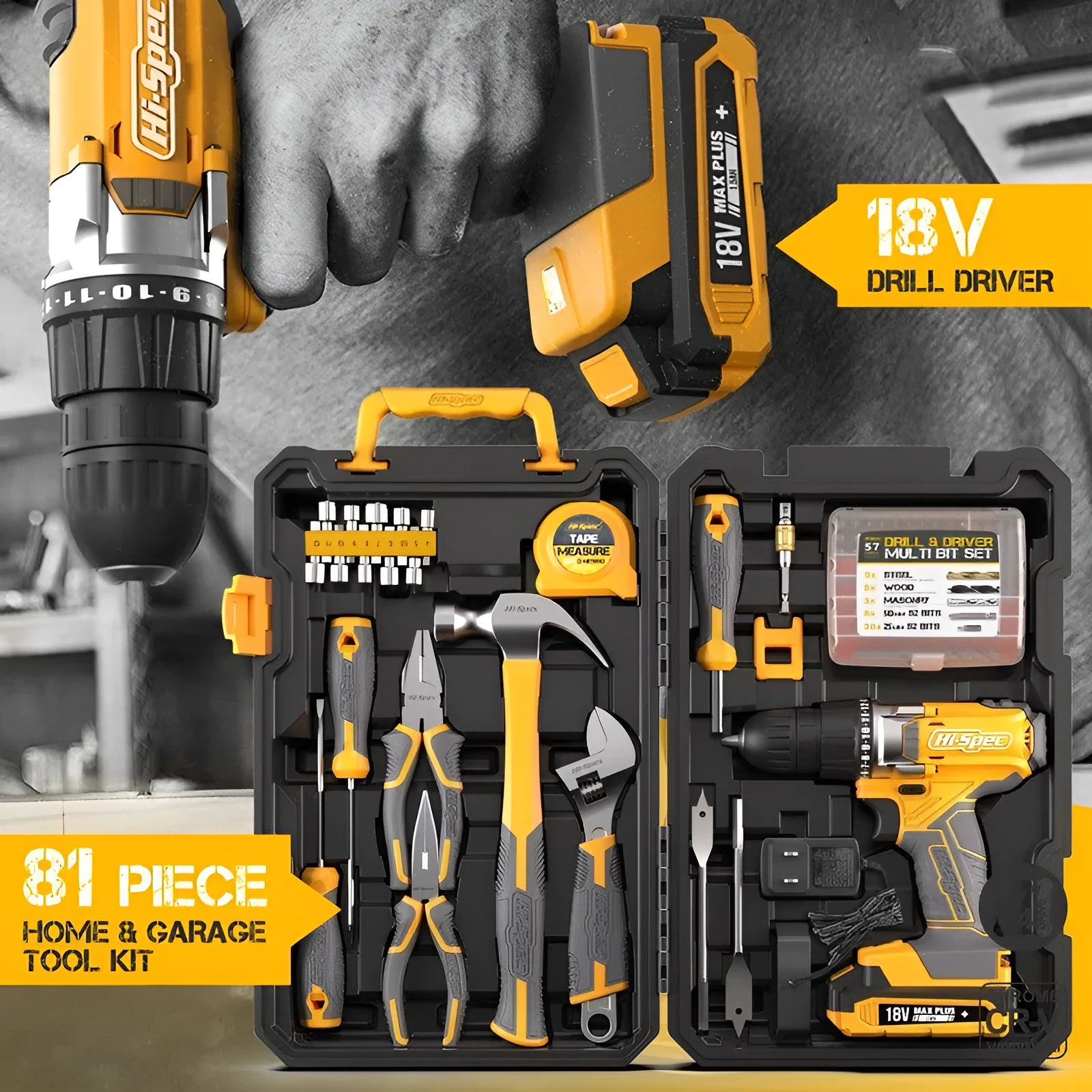 Grey yellow US style tool kit case open to show 82 pieces of chrome-vanadium steel hardware.