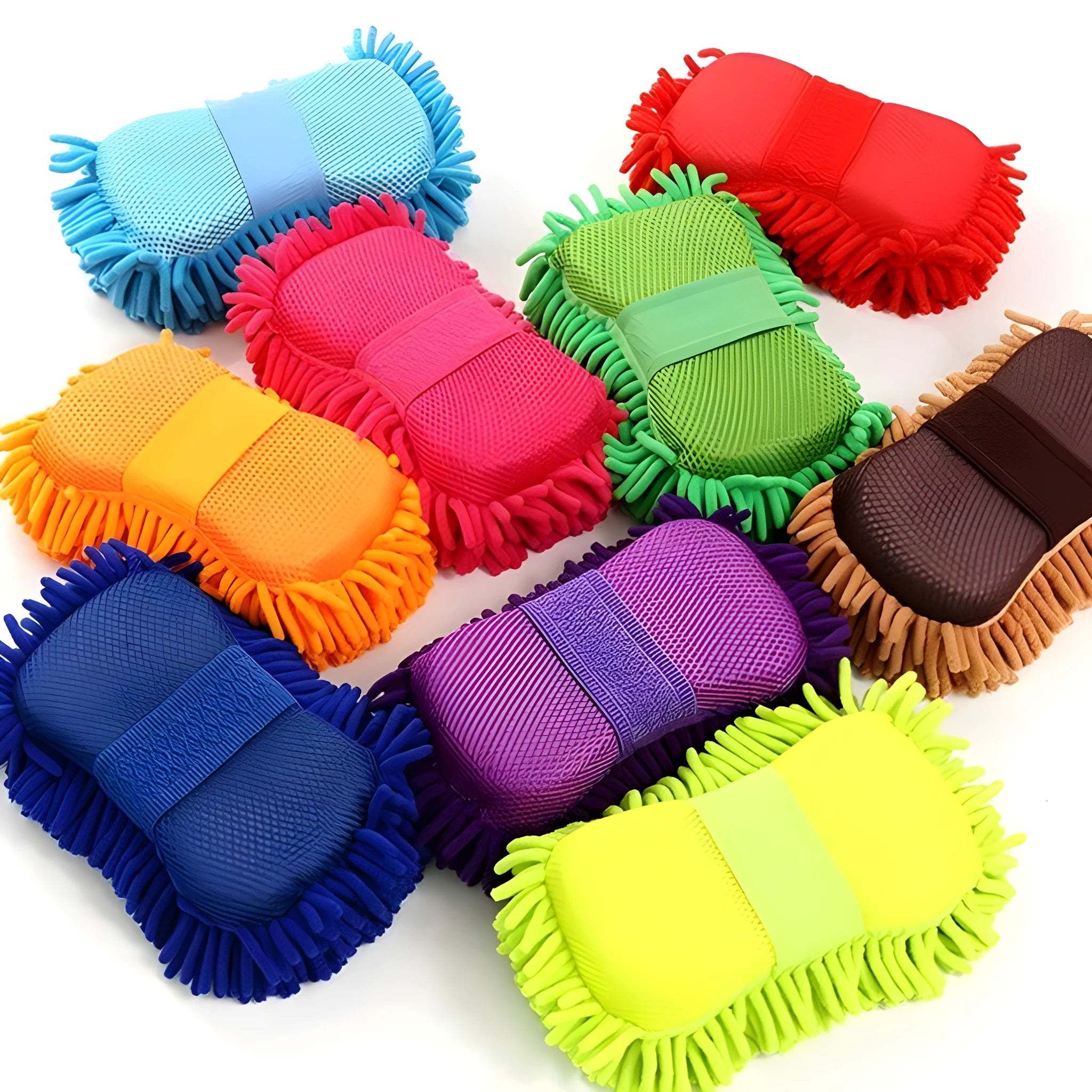 Silver green car wash sponge measuring 14x25cm with chenille microfiber construction