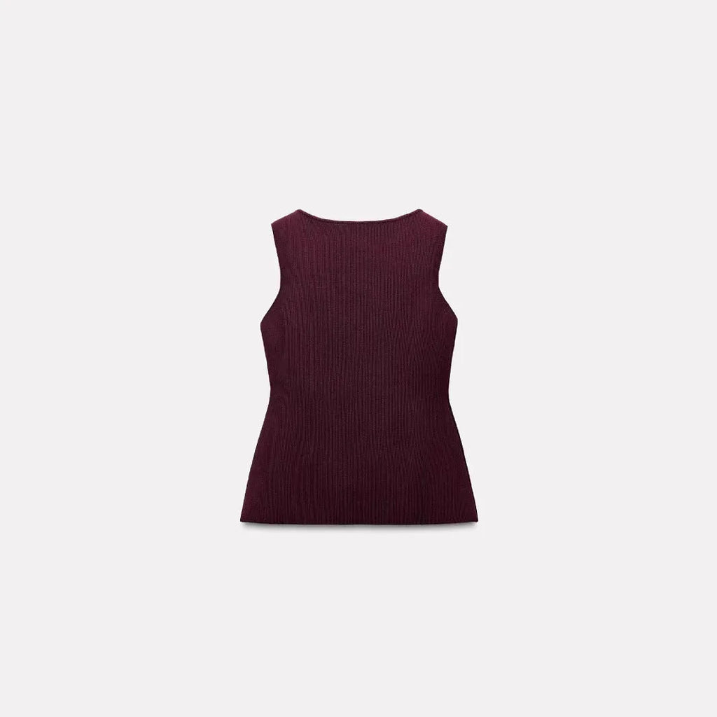Dark red women's slim-fit viscose sweater vest with a 3D pattern, shown on a hanger.