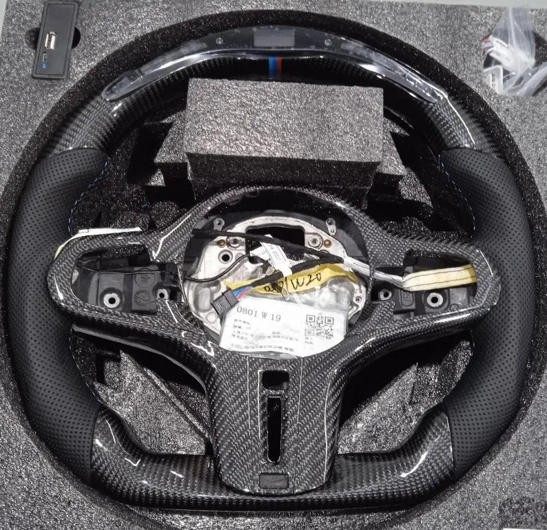 Black carbon fibre BMW steering wheel with LED features for X3 X5 models