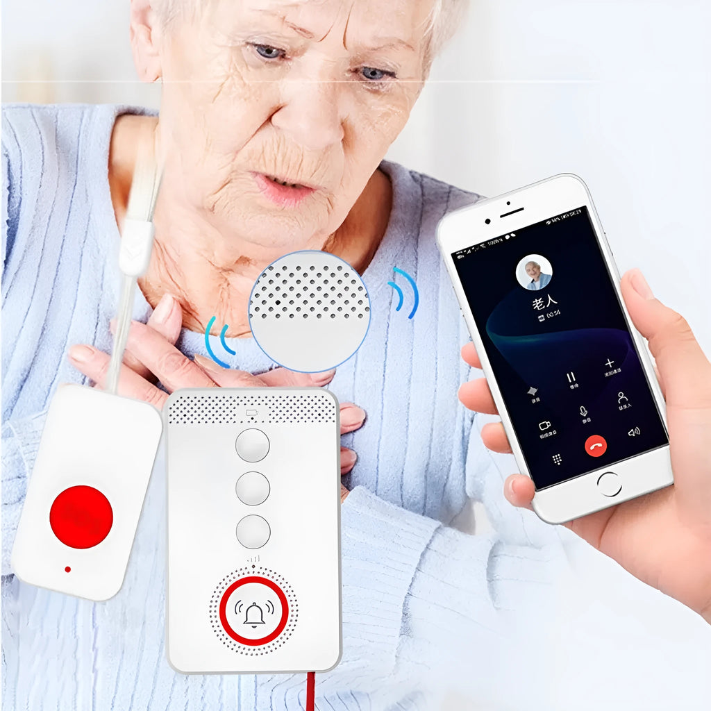 White wireless emergency alert device with buzzer unit and three emergency call buttons for elderly safety
