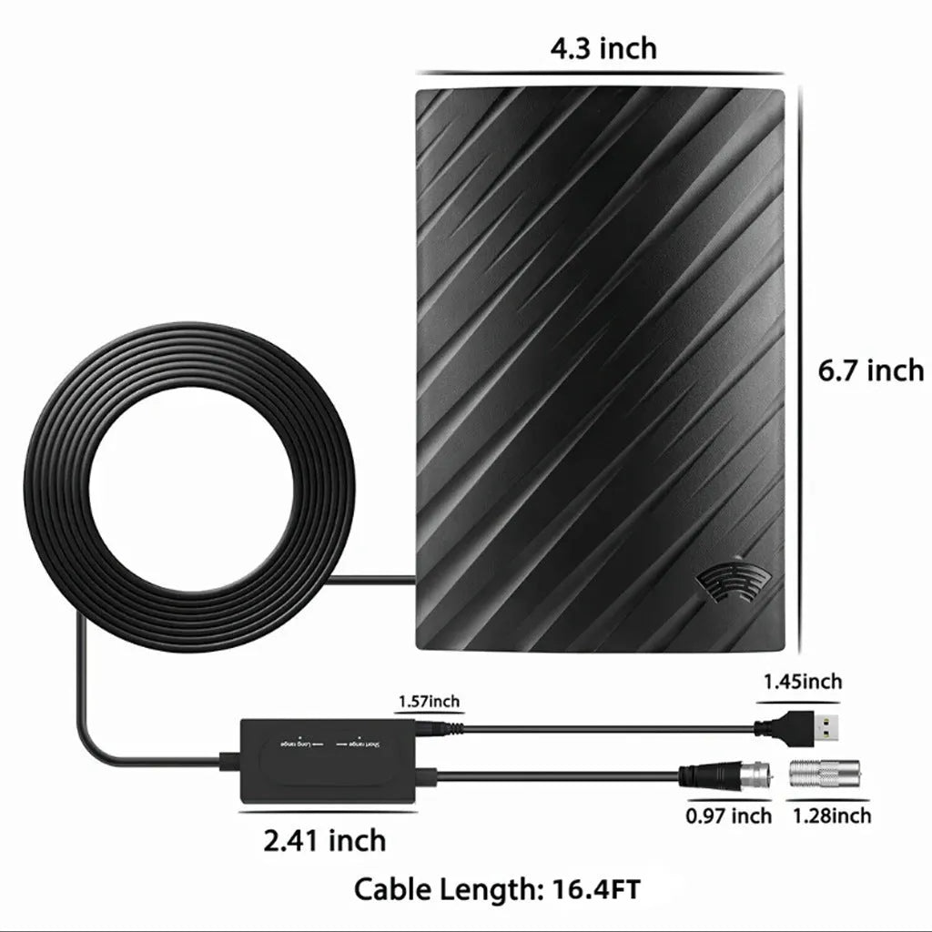 Black plastic digital television antenna with mounting hardware including screws and expansion tubes