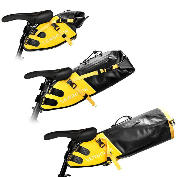 Waterproof yellow bicycle tail bag mounted on bike rear rack with 13L capacity for outdoor cycling tools.