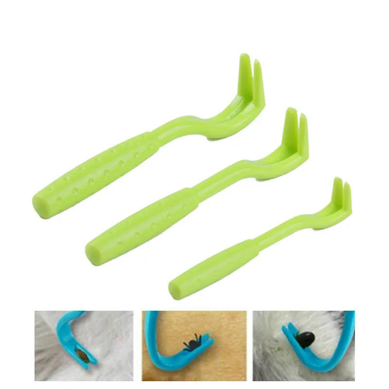 Set of three blue plastic tick removal hooks for pets on a white background.
