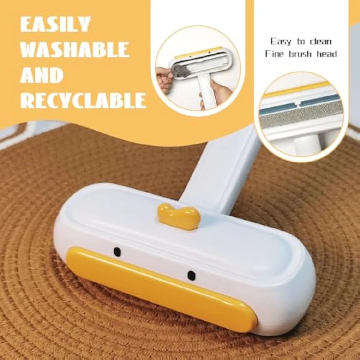 Yellow duck design portable pet hair remover brush with plastic handle and polyester bristles.