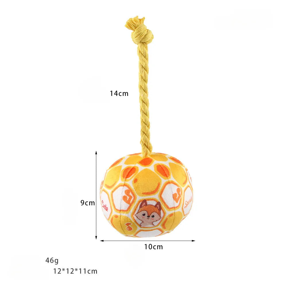 Blue and yellow elastic football dog toy with cotton rope construction for teeth grinding and interactive play