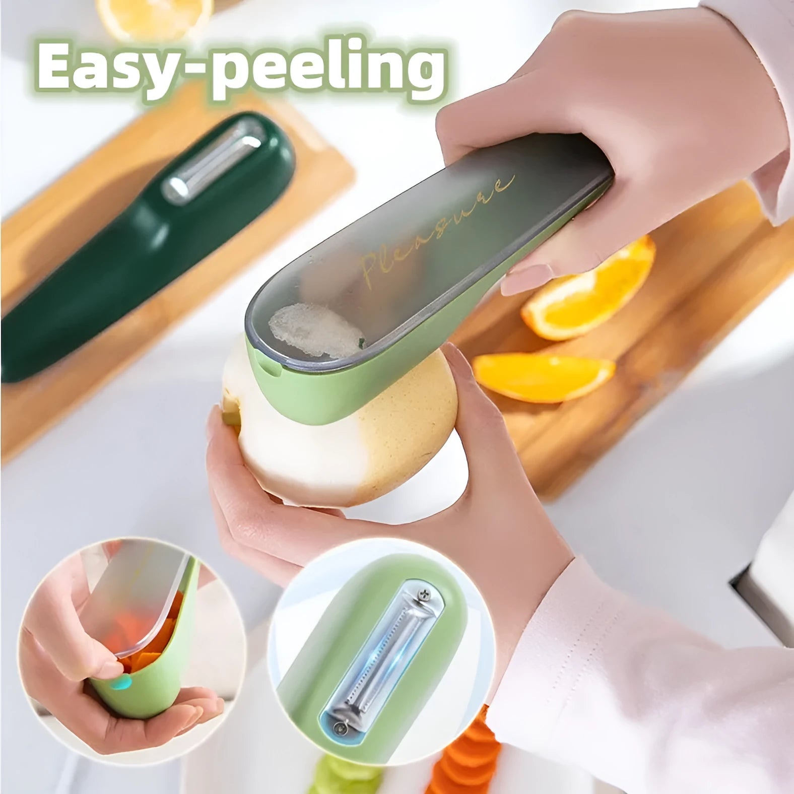 Dark green vegetable peeler with storage tube and stainless steel blade, 20cm length with hanging hole