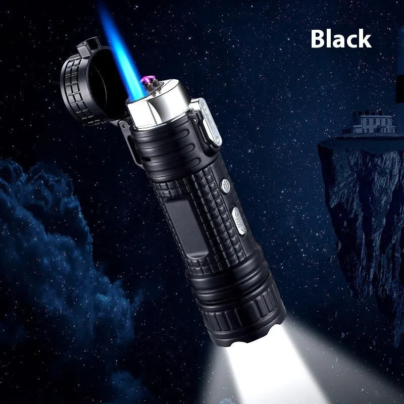 TH727 multi-function metal flashlight lighter shown in camouflage, red, black, blue, and yellow colour options.