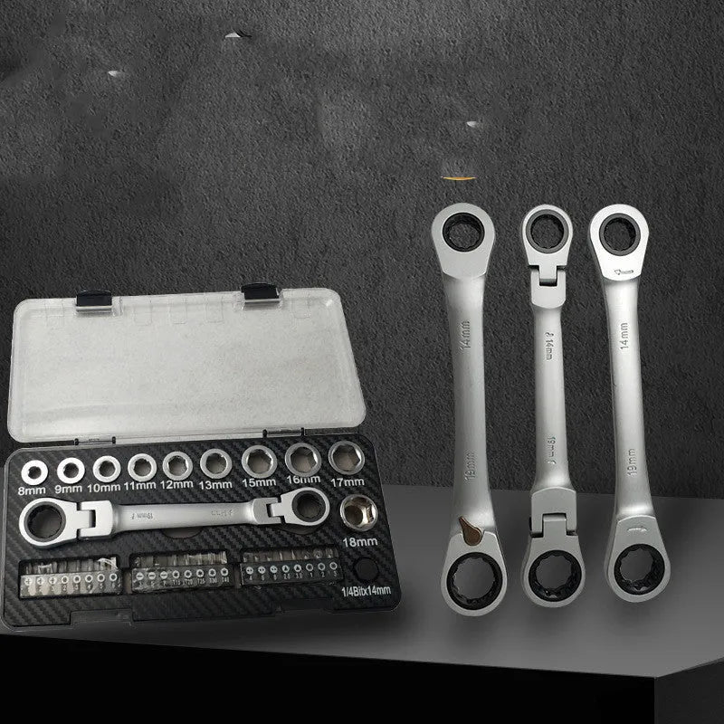 Two-way ratchet wrench set with sockets and batch heads for mechanical applications