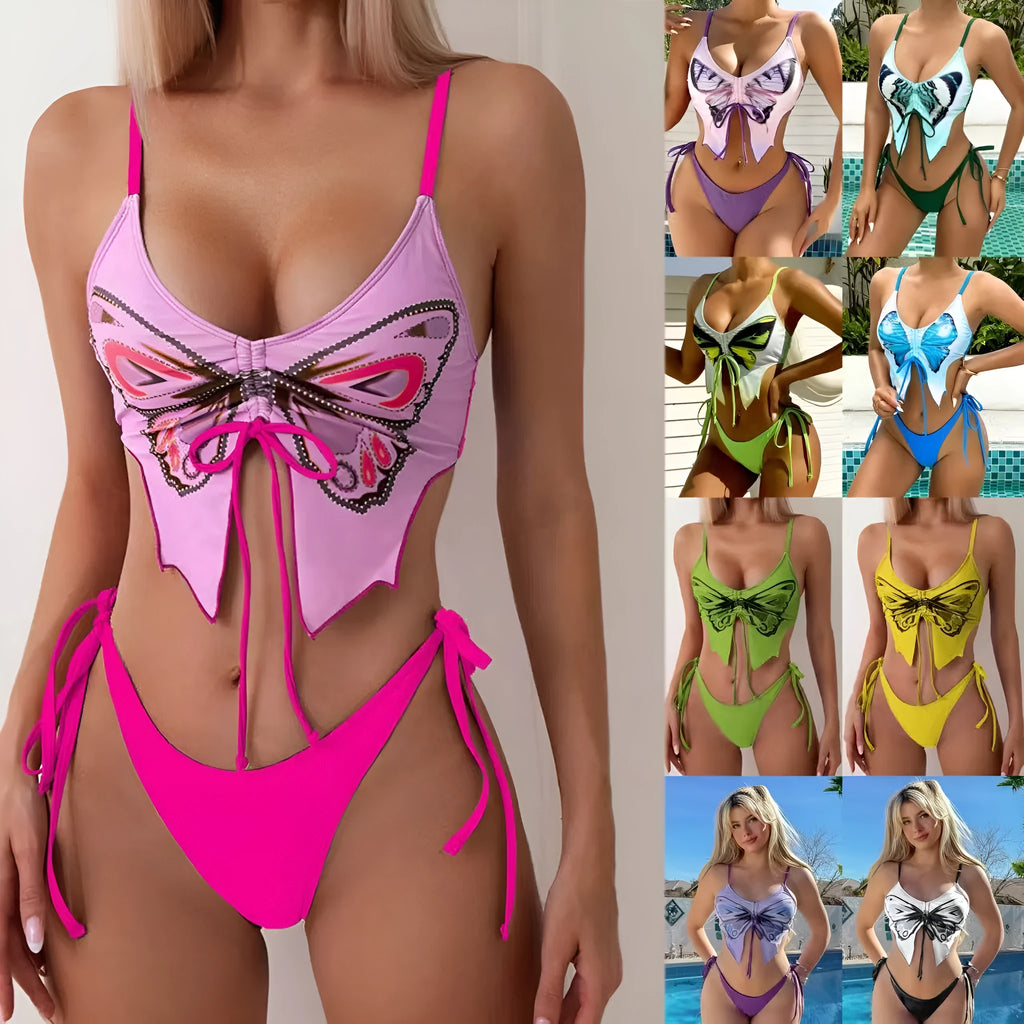 Women's purple bikini swimsuit with bow tie straps and European style briefs