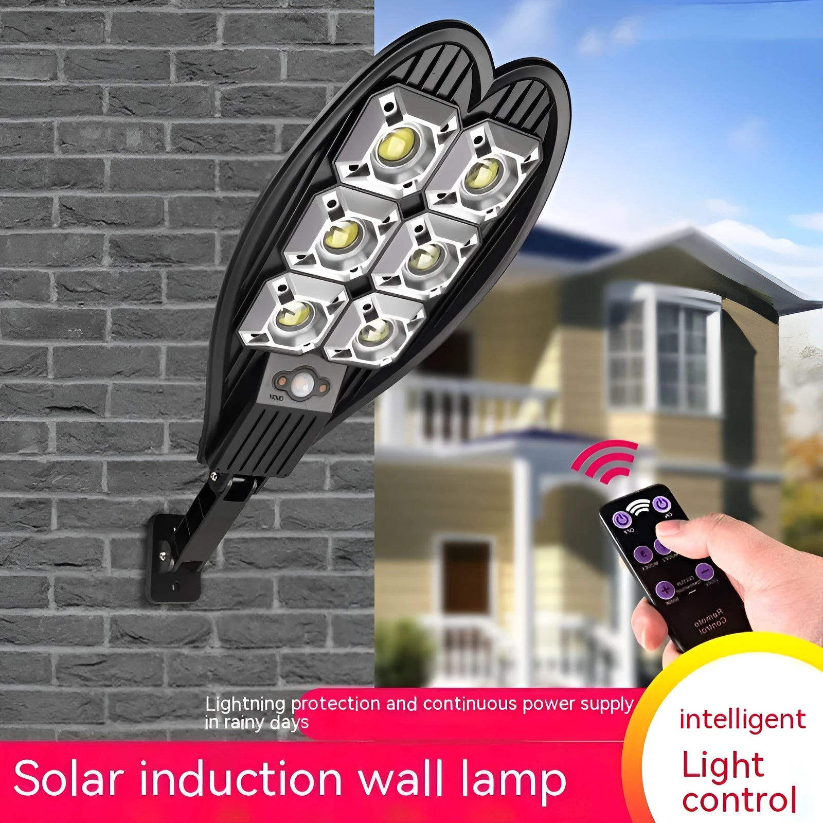 6-eye sword design outdoor solar garden lamp with remote control on a garden path.
