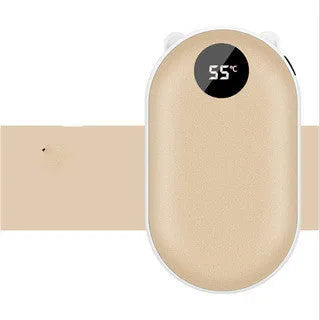 Rechargeable mini hand warmer and power bank device showing various colour options including rose gold and sky blue