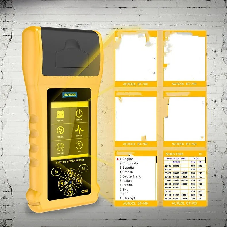 Autool BT760 vehicle battery tester with colour screen, test clips, and printed diagnostic receipt.