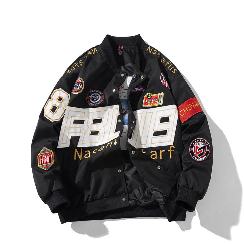 Black American motorcycle-style loose-fit baseball jacket with side pocket, shown with detachable hood.