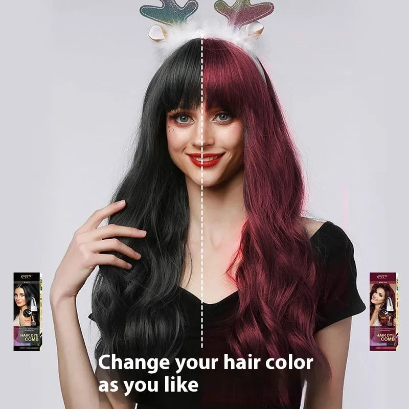 Hair dye colouring comb kit showing brown, wine red, and dark brown 200ML bottles with an application brush