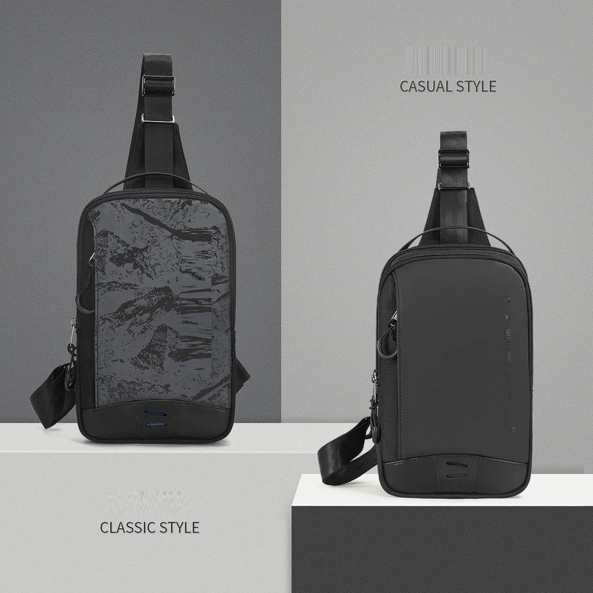 Casual black TPU camouflage chest bag with square vertical silhouette and single shoulder strap