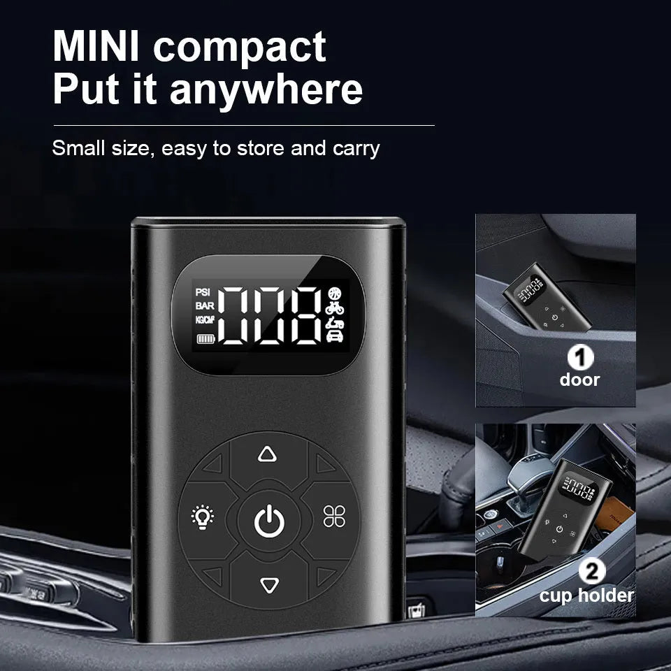 Black portable electric air compressor with inflatable tube for car motorcycle bicycle tyres