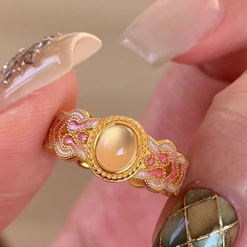 Geometric open mouth ring for women in pink crystal enamel on gold-plated copper