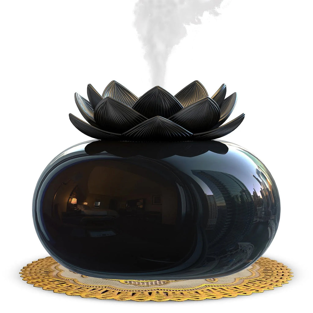 Black lotus-shaped ultrasonic humidifier with USB cable connection