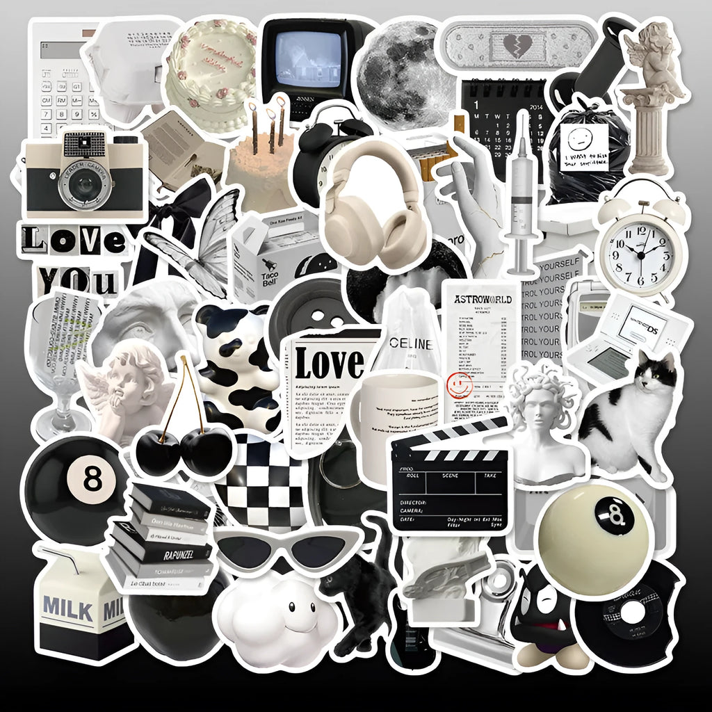 61-piece black and white PVC waterproof sticker pack for laptops, phones, luggage, and sports equipment decoration